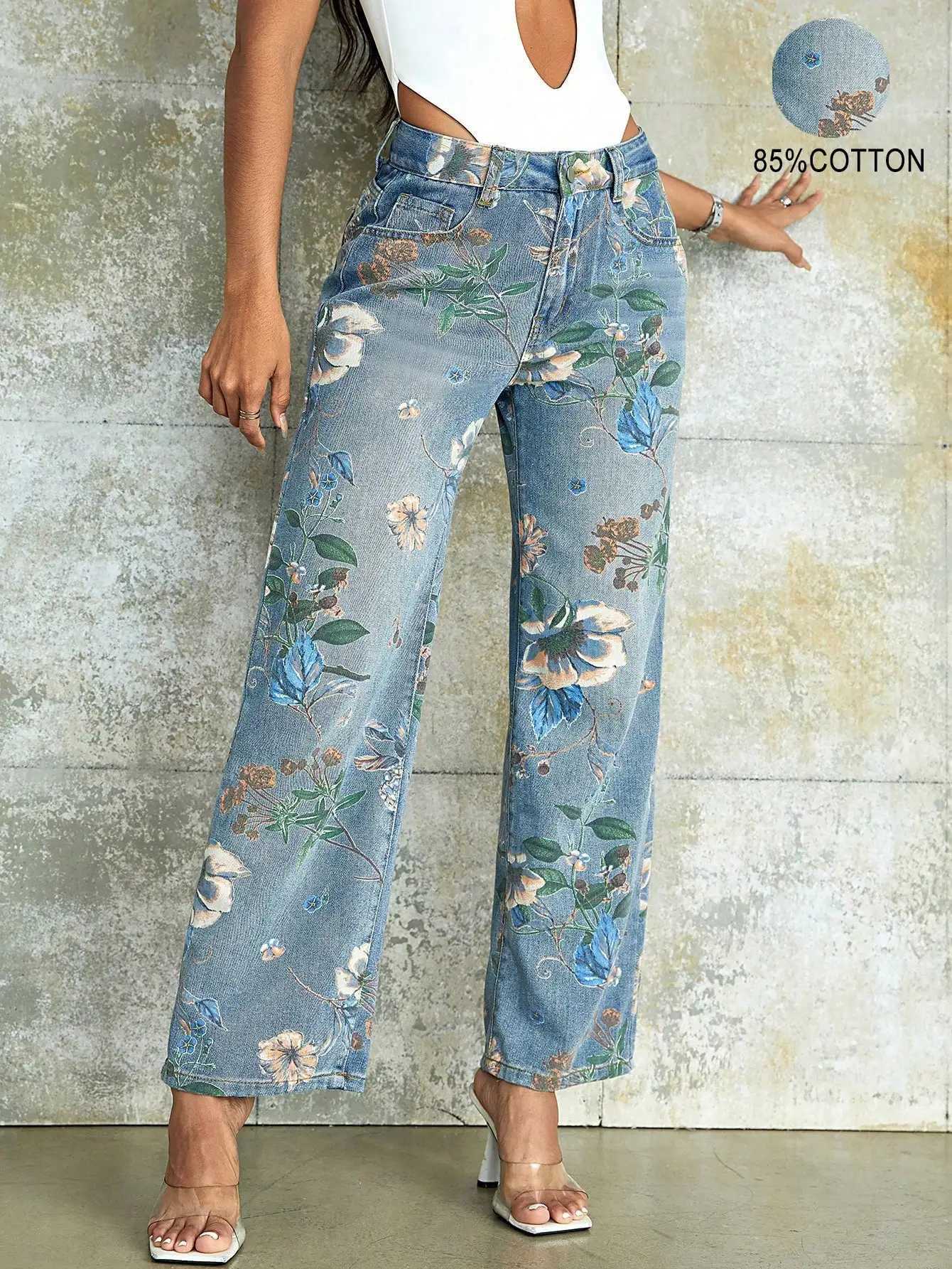 90s Vintage Floral Print High Waist Slant Pocket Wide Leg Jean Casual Street Hottie OutfitT251205