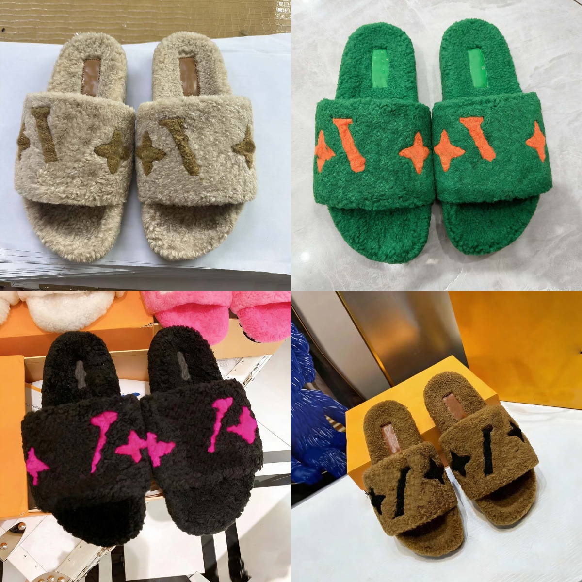 Designer Slippers Warm winter slippers Open-toe slippers Lamb Chunky plush slides wool slippers Retro-style furry slippers Students big sizes