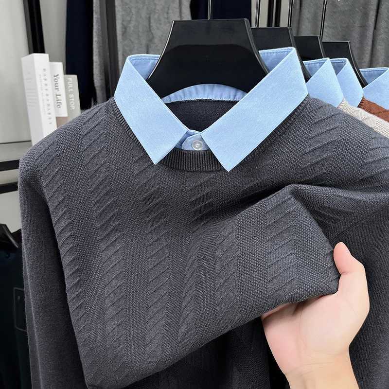 Faux deux pulls pour hommes, pull tricoté en Jacquard, décontracté et polyvalent, col de chemise, haut tendance, nouvelle collection automne et h