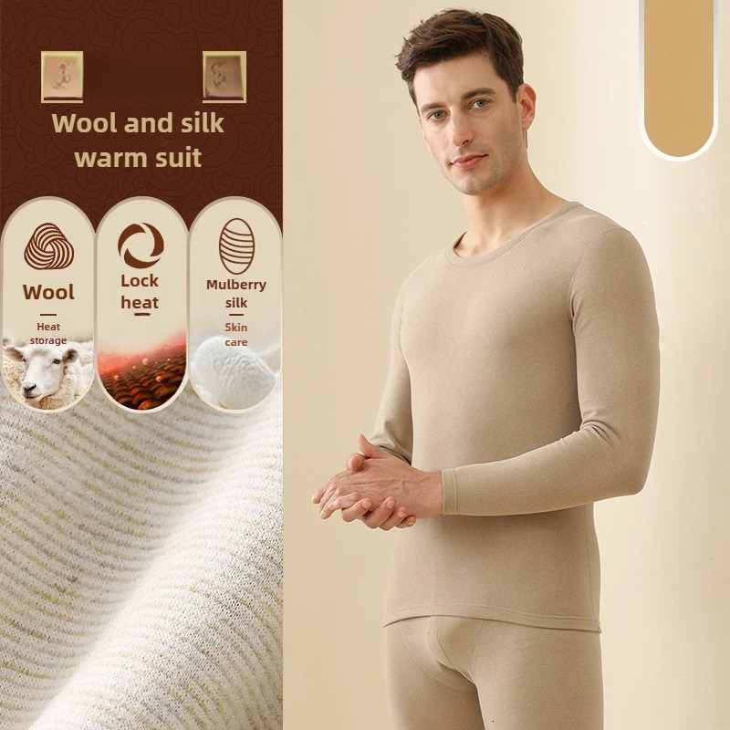 Ensemble de sous-vêtements d'hiver pour hommes, t-shirt chaud doublé de polaire, col ras du cou épais, pantalon de base solide, deux pièces, sous