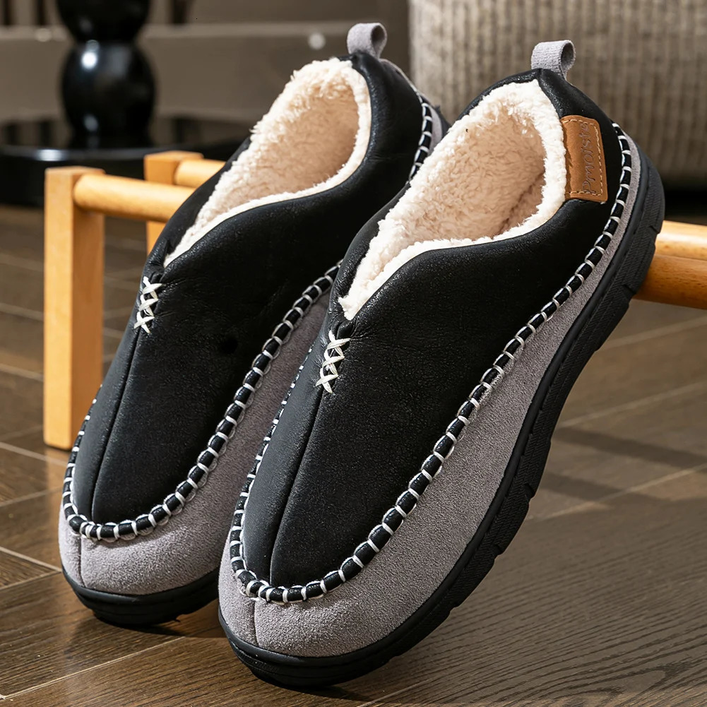 Pantoufles de maison pour hommes, chaussures d'intérieur en mousse à mémoire de forme, couture Patchwork, pantoufles d'hiver chaudes en peluche,