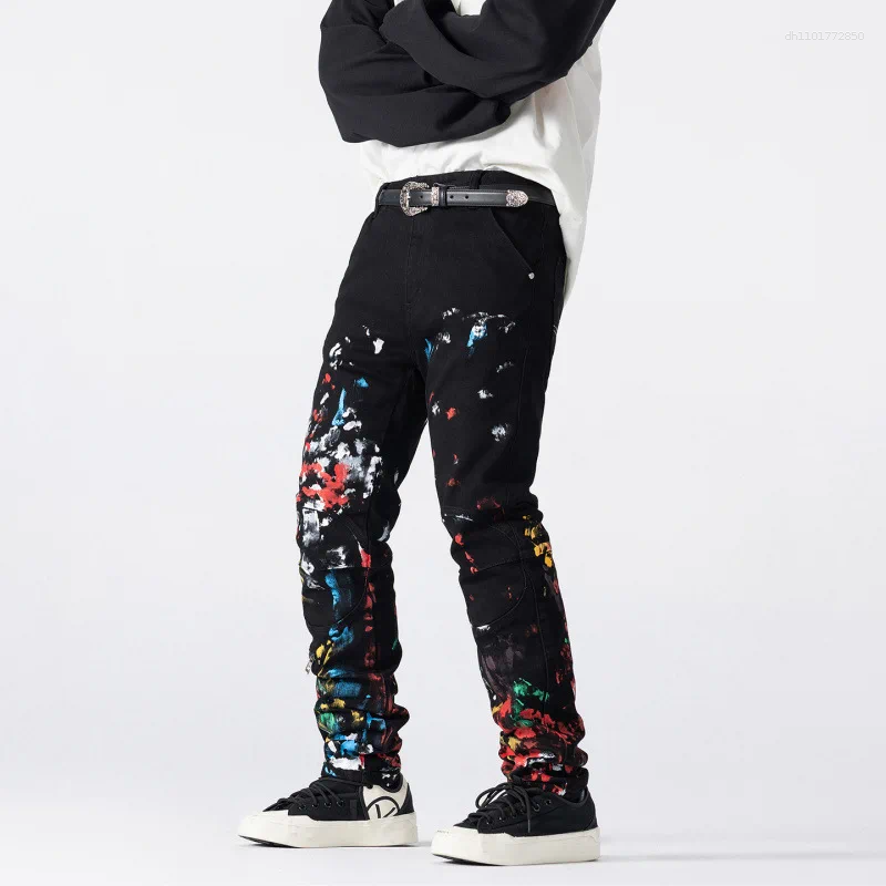 Men's Jeans 2025 Autumn Splashed Ink Graffiti Printed Black Street Fashion Trendy High-end Pants