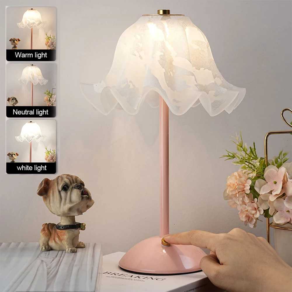 Lampe de bureau rétro française romantique à fleurs, Rechargeable par USB, lampe de Table rurale, commande tactile, gradation continue, M251205