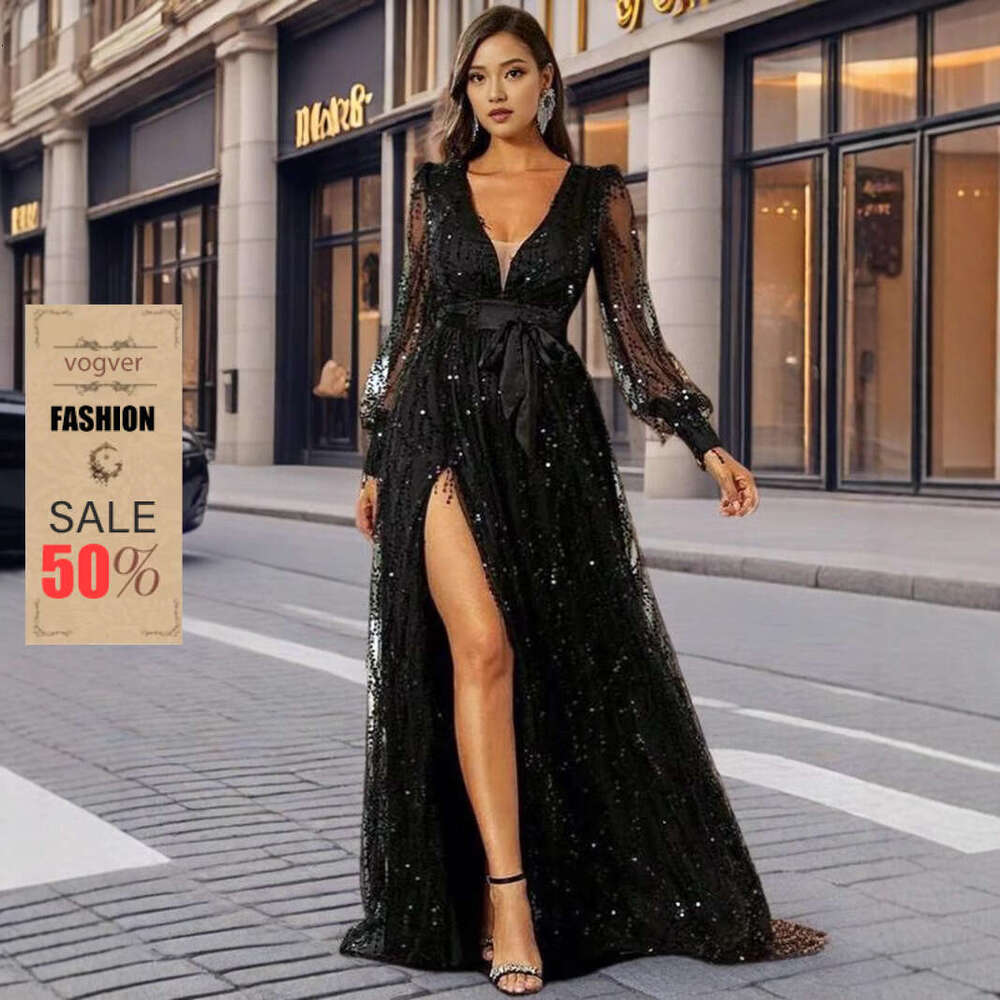 Abito da sera per donna Designer di lusso 2026 Abito lungo da sera da festa con orlo grande in rete con paillettes autunno nuovo da donna