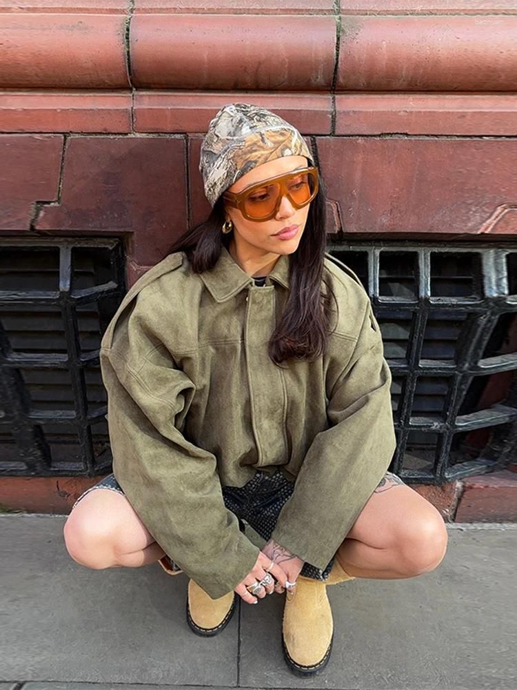 Women's Jackets Brown Green Suede Jacket Women Lapel Zipper Long Sleeve Pockets Bomber Coat 2025 Spring Autumn Lady Loose Motorcycle s-xl