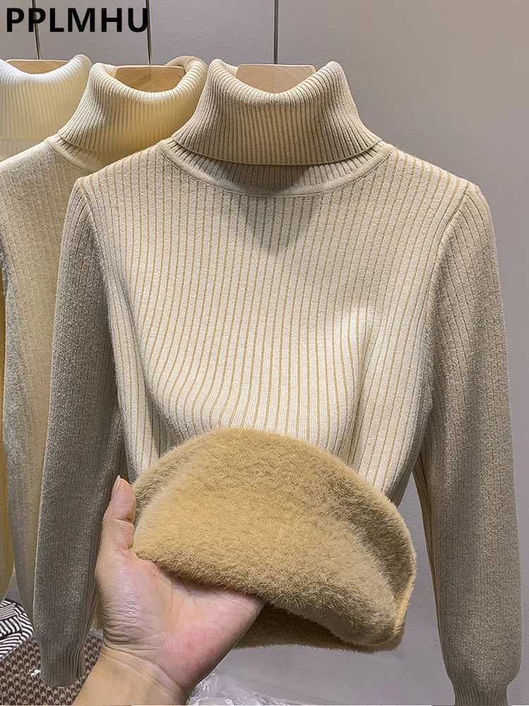 Épaissir peluche velours doublé pull en tricot femmes hiver mince décontracté chaud hauts pull nouveau col roulé à manches longues tricots pull W