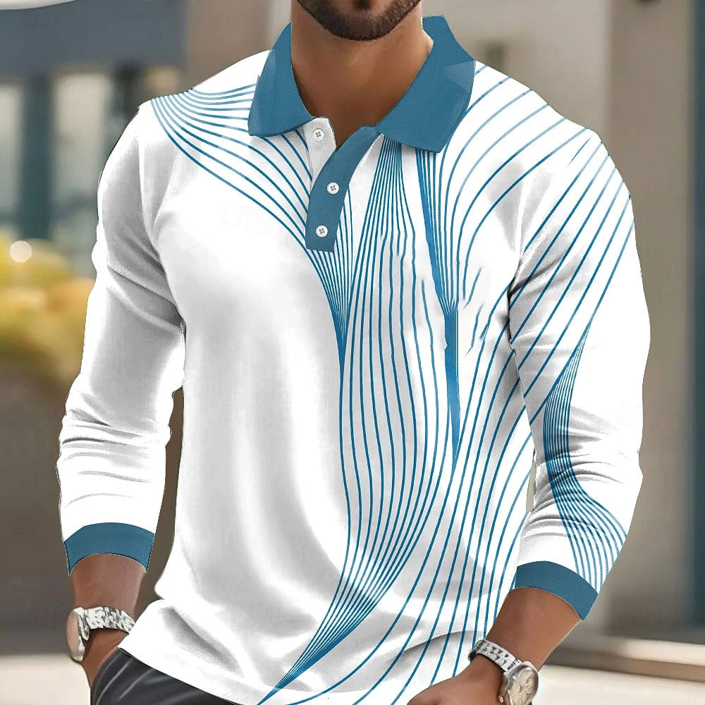 Mens Striped Print Golf Shirt Long Sleeve Polo Shirt Lapel Business Casual Formal Button 3D Printing Autumn and Winter 251203
