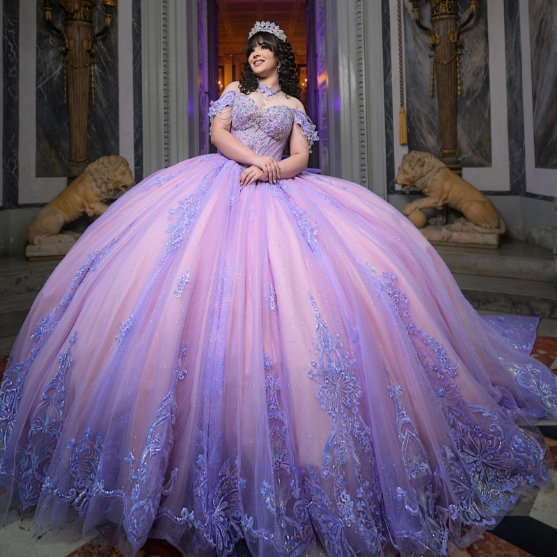 Lavender Quinceanera Dresses Off The Shoulder Sequin Aplique Lace Beading Bow Pink Lining Corset Party Birthday Sweet 16 Dress Vestidos 15 De Anos