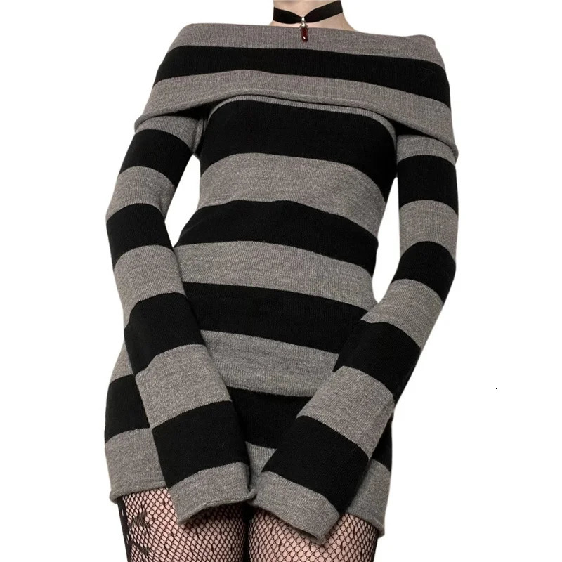 Y2K Pull rayé Mini robe Mall Goth Grunge Emo Moulante Chic Femmes Hors Épaule Manches Longues Slim Fit Robes 00s Vintage 251204