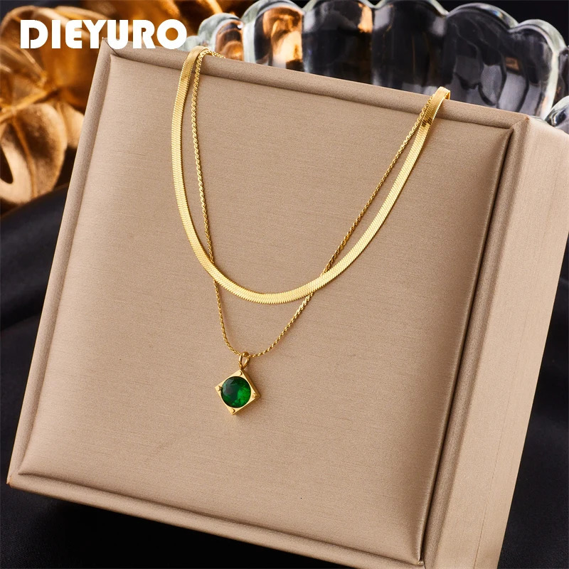 DIEYURO 316L Stainless Steel Green Zircon Pendant Necklace For Women Fashion Gold Color 2in1 Chain Girl Neck Jewelry Gift 251204
