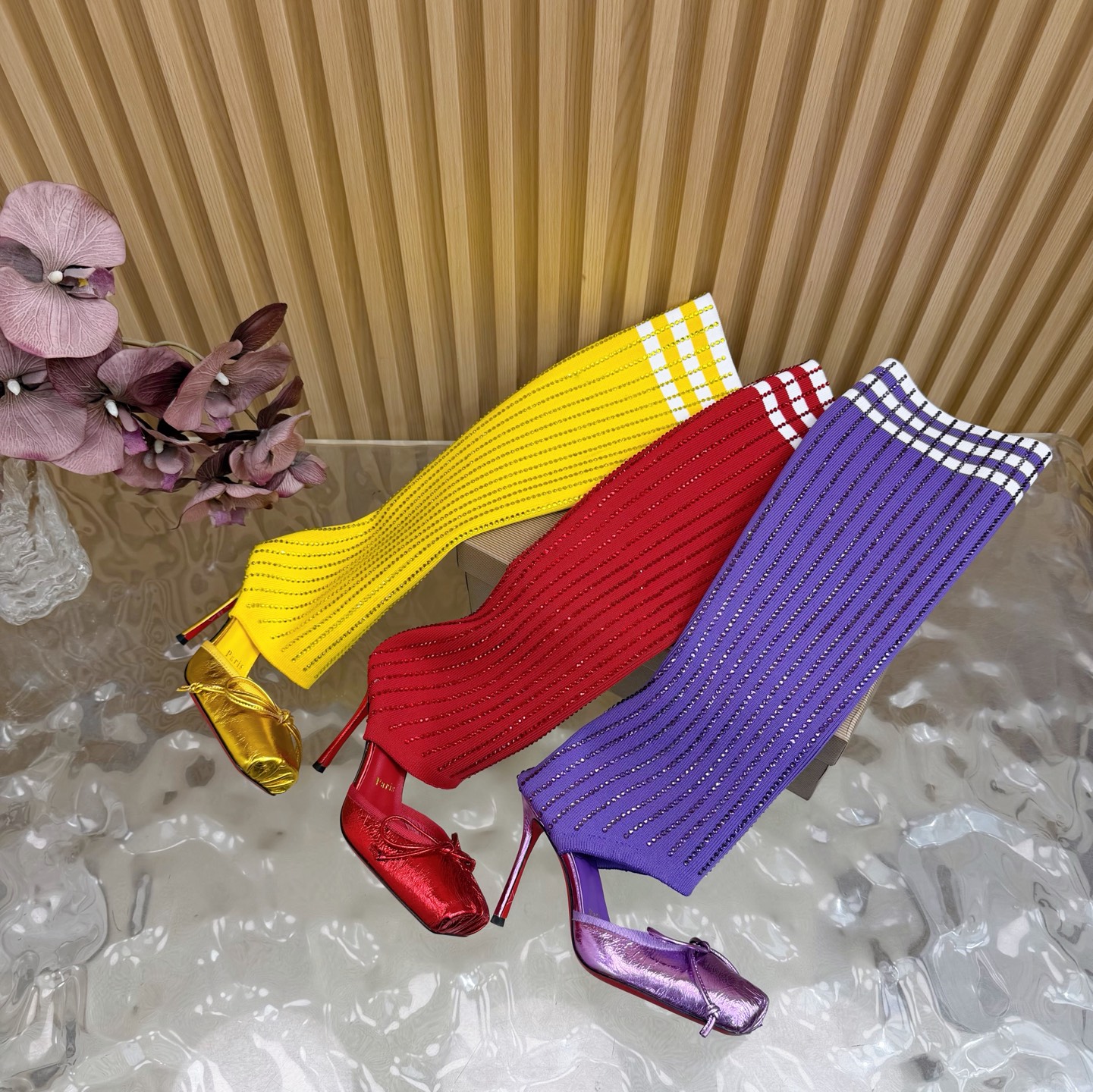 Red yellow stiletto sandal Womens high heels designer women Knitted shoe Stockings Sandals lady Fashion Show Platform Rhinestone Socks Boots High He