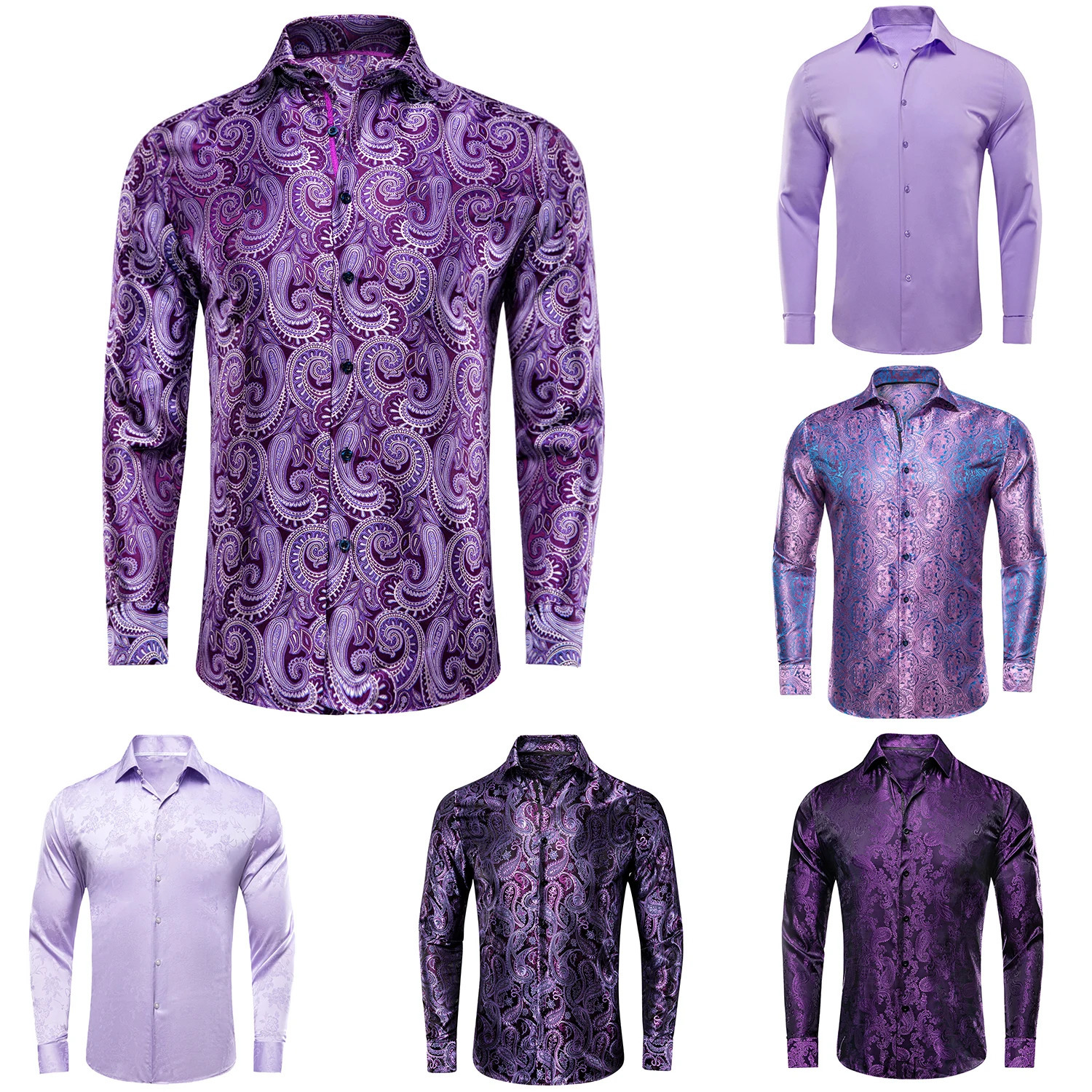 Lilas Mauve Lavande Violet Soie Hommes Chemises Revers À Manches Longues Robe Chemise Jacquard Blouse pour Homme De Mariage D'affaires De Bal 251