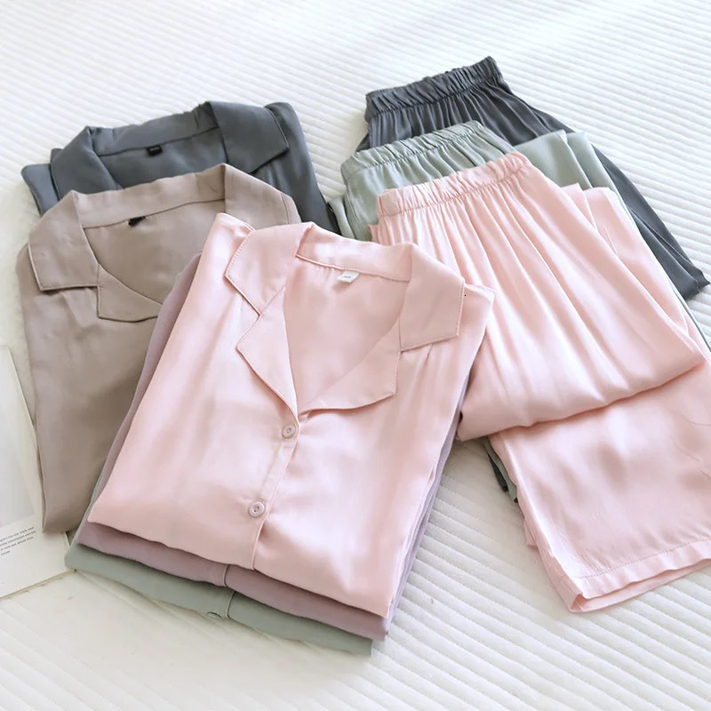 Hommes et femmes coton soie pyjamas mince satin maison vêtements à manches longues pantalons printemps pyjama ensembles couleur pure couple 2 piè