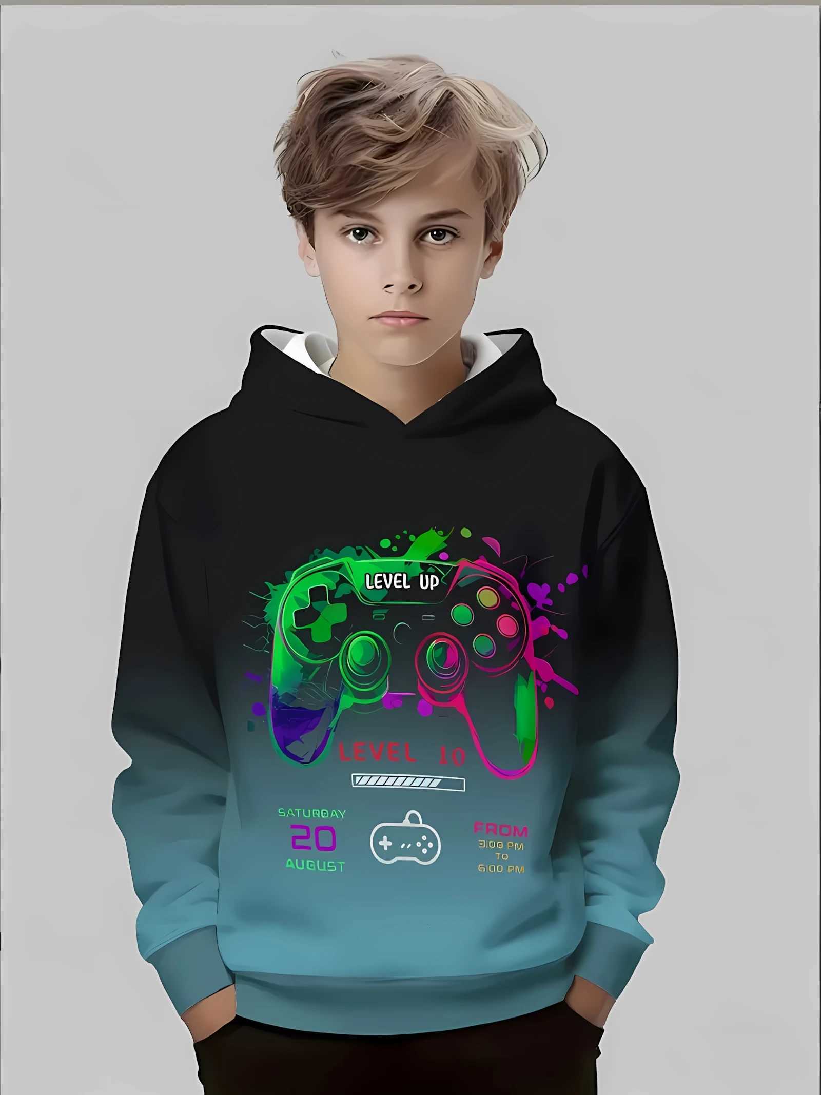 Le sweat à capuche à la mode et confortable pour enfants de l'automne 2025 avec un motif de contrôleur de jeu 3D imprimé un pull décontracté à la