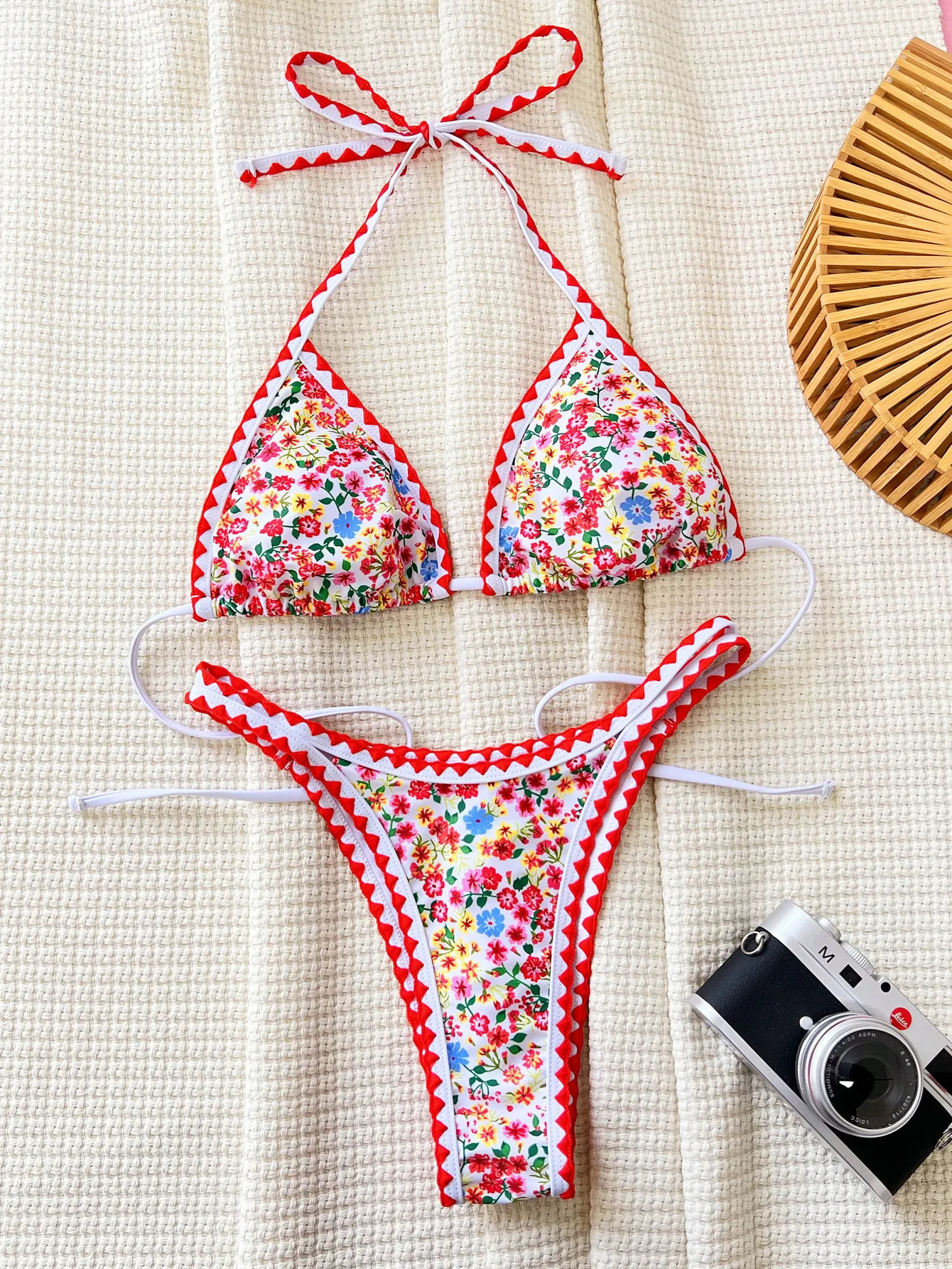 sexy rouge imprimé floral bikinis ensembles deux pièces licou triangle maillots de bain bohème maillot de bain femmes biquini string maillots de