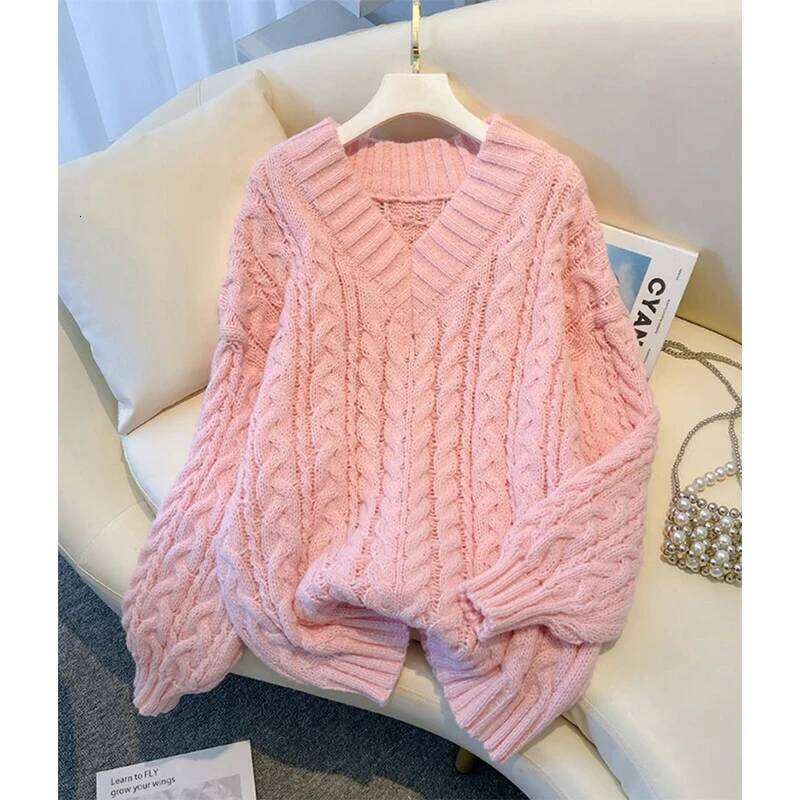 Mode 2026 Harajuku Pull Femmes Mode Surdimensionné Rose Col En V Pulls Tricotés Coréen À Manches Longues Tricots Hiver Pulls Occasionnels