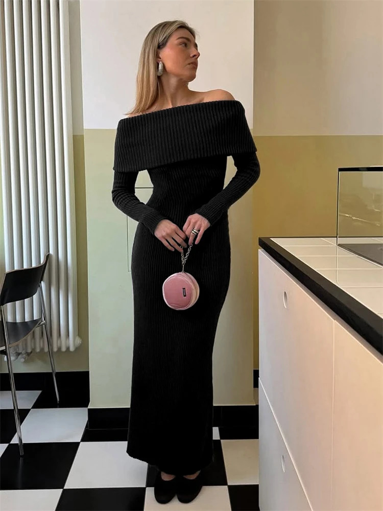 Tossy Fashion Abito lungo in maglia con spalle scoperte Donna a coste sciolto a vita alta Elegante abito da festa autunnale Abito lungo in maglieria