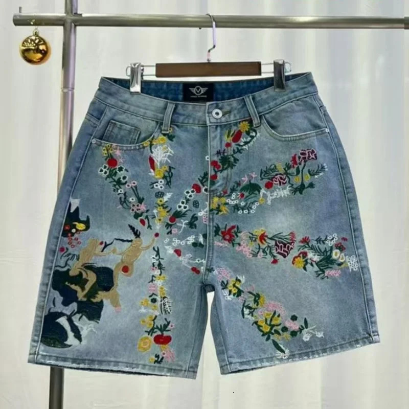 Hip-Hop Peinture Short en Denim Brodé pour Hommes Décontracté Confortable Respirant Short Taille Haute avec Poches Streetwear Jeans 251205