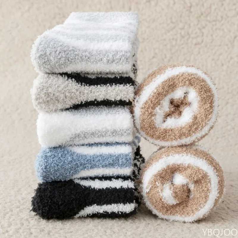 5 paires épais hommes chaussettes thermiques hiver chaud rayé corail polaire moelleux couleur unie sommeil mâle lit chaussettes vente chaude T251