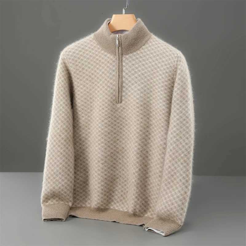 Automne hiver nouveaux hommes demi-pull à fermeture éclair 100 laine mérinos pull tricoté décontracté Jacquard demi-col haut vêtements pour homme
