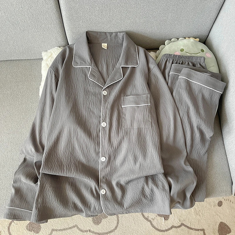 Autumn Solid Simple Mens Pajamas Set Plus Size Lapel Neck Long Sleeve 2 PC Mens Pajamas Casual Soft Oversized Loungewear 251205