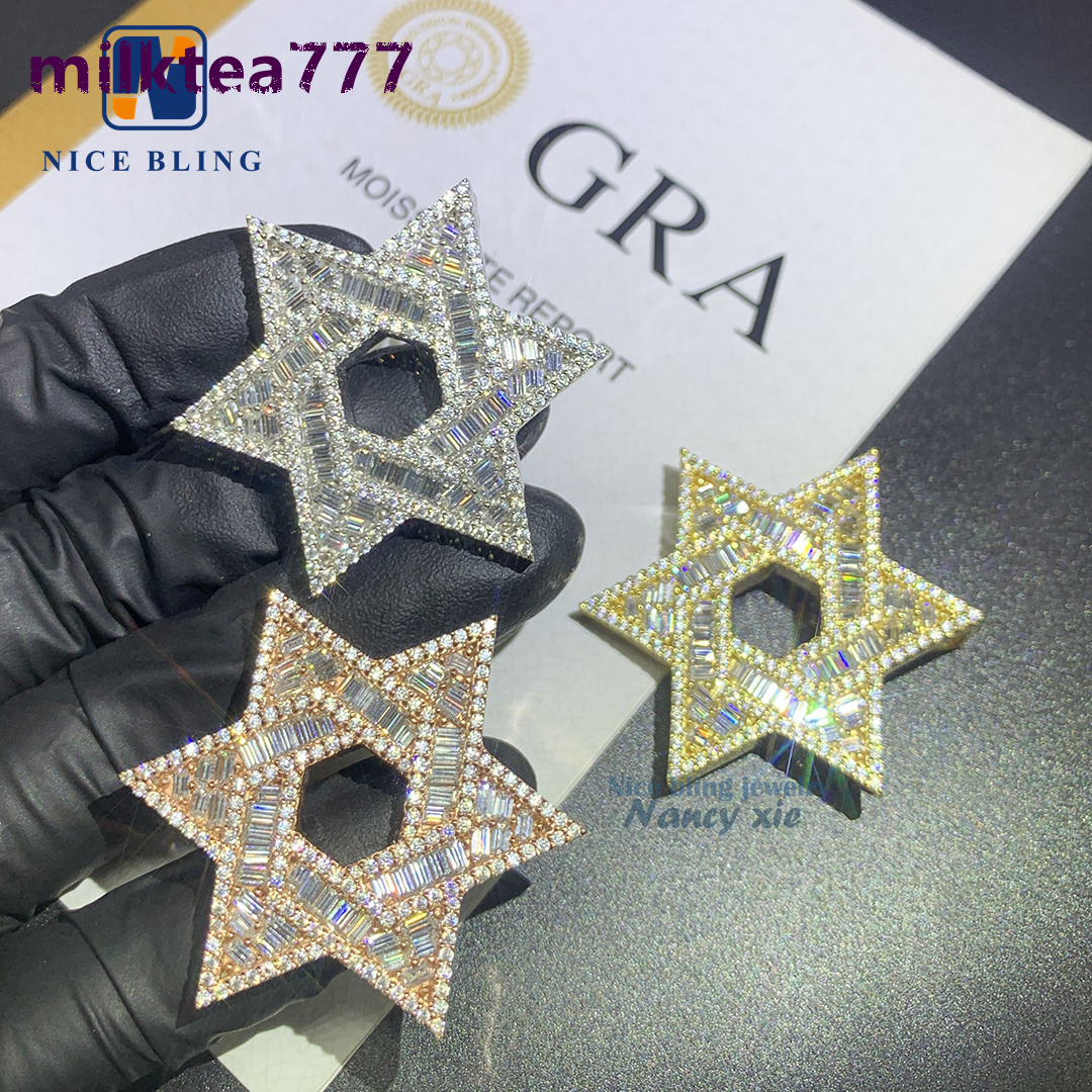 Trendy Jewelry Iced Out S925 Hexagonal Star Moissanite Hip Hop Pendant Custom Vvs Diamond Moissanite Pendant