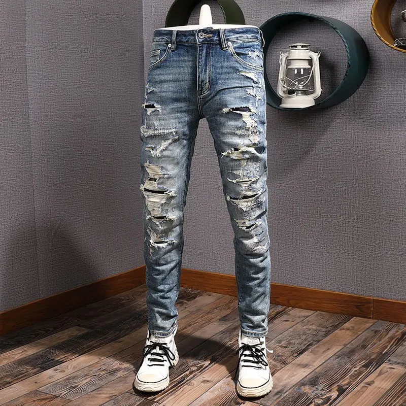Street Fashion Men Jeans Retro Blue Stretch Slim Fit Hole Ripped Jeans Men Patched er Hip Hop Vintage Denim Pants Hombre 251205