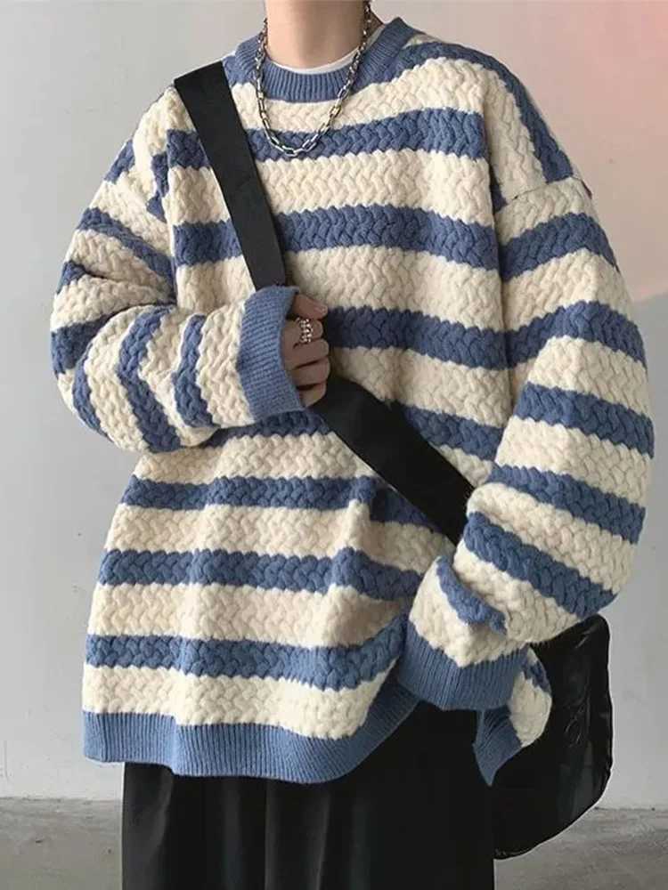 DFCF Knitted Sweaters for Women Vintage Fashion Casual Jumpers Striped Loose Long Sleeve O Neck 2025 New Autumn Winter Pullovers M251206