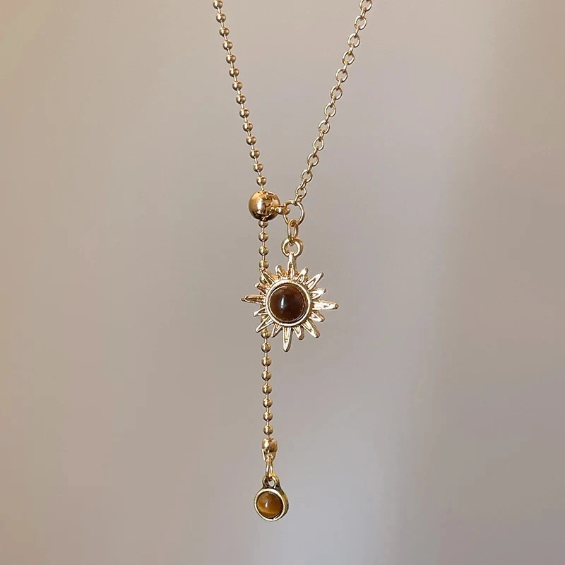 Collier Long avec pendentif en pierre œil de tigre et tournesol pour femmes, accessoires, chaîne de pull, bijoux légers, 2025, 251204