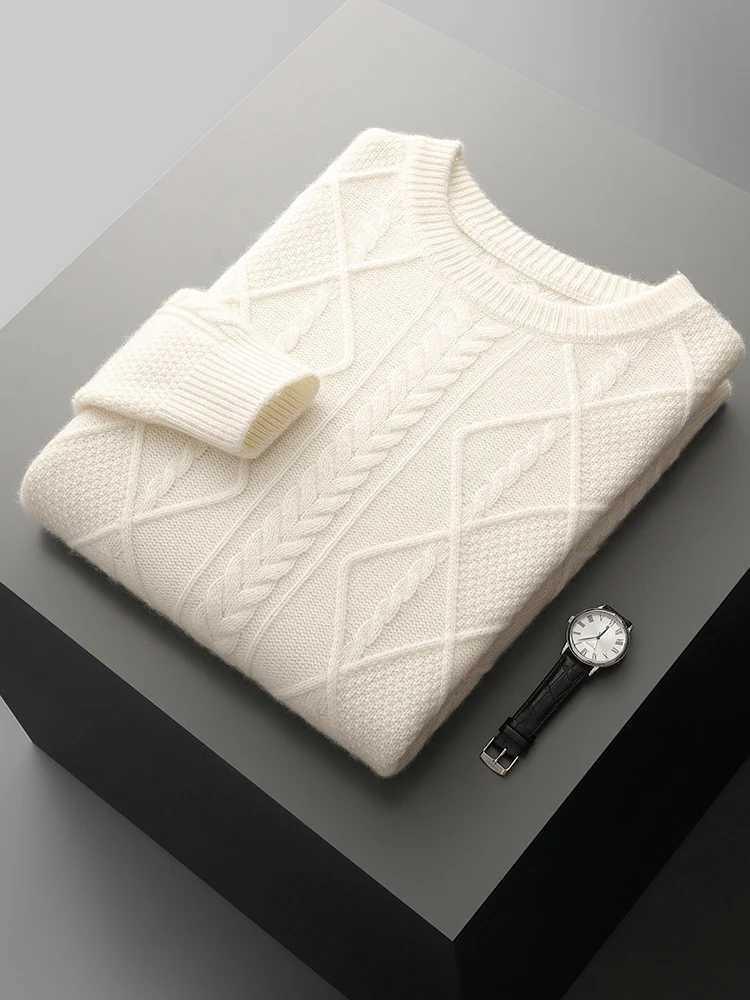 Autumn Winter Soft Thick Fashion Clothing Mens 100 Merino Wool Knitted Sweater O-Neck Twist Flower Pullover Smart Casual Tops M251206