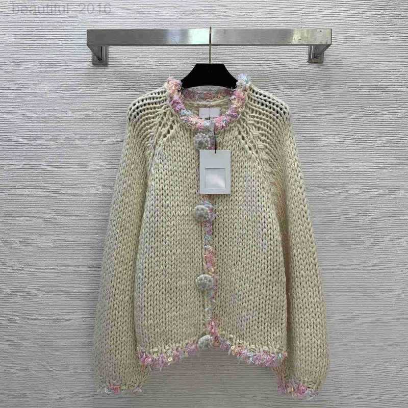 Women's Sweaters designer Pearl Big Button Thick Yarn Knitted Colorful Lace Decorative Loose Fashion Lantern Sleeve Cardigan Jacket LSFX