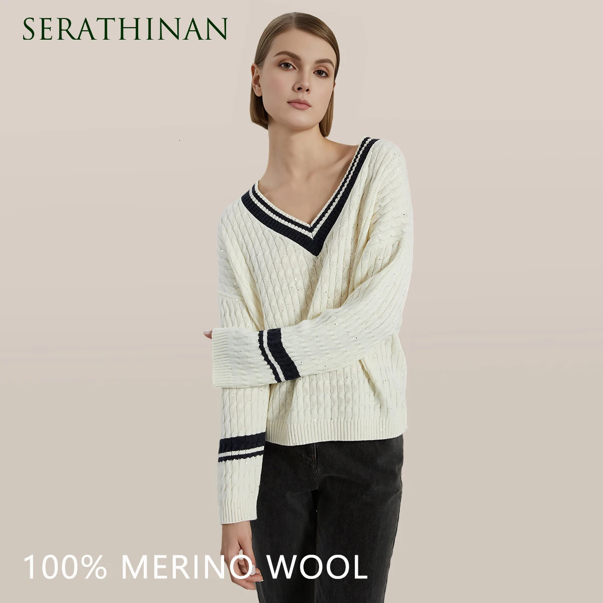 BC822 High Quality Womens Clothing 100 Wool thick Pullover V neck loose Knitted Sweater Winter 251205
