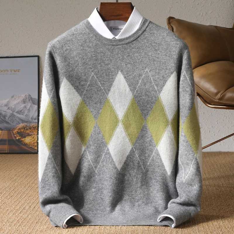 Automne hiver nouveau pull en cachemire pour hommes épaissi col rond pull avec couleur contrastée lâche décontracté tricoté 100 pull en laine M25