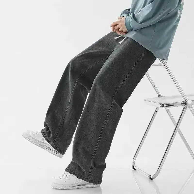 Korean Fashion Mens Baggy Jeans Elastic Waist Classic olid Color Straight-leg Denim Wide-leg Pants Male Light Blue Grey Black 251204