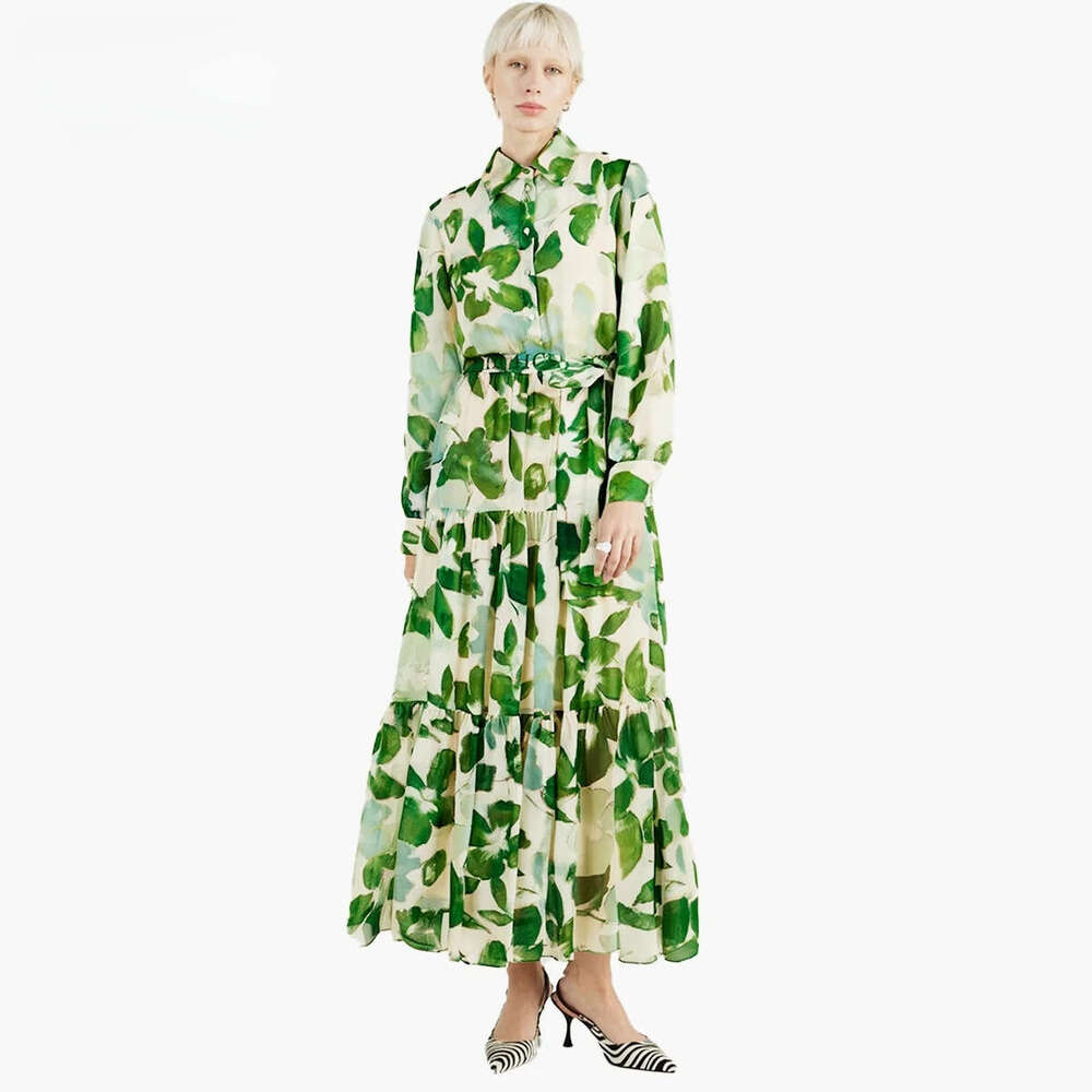 Women's Dress Spring CH New Long Sleeve Collar Green Flower Vacation Luxury