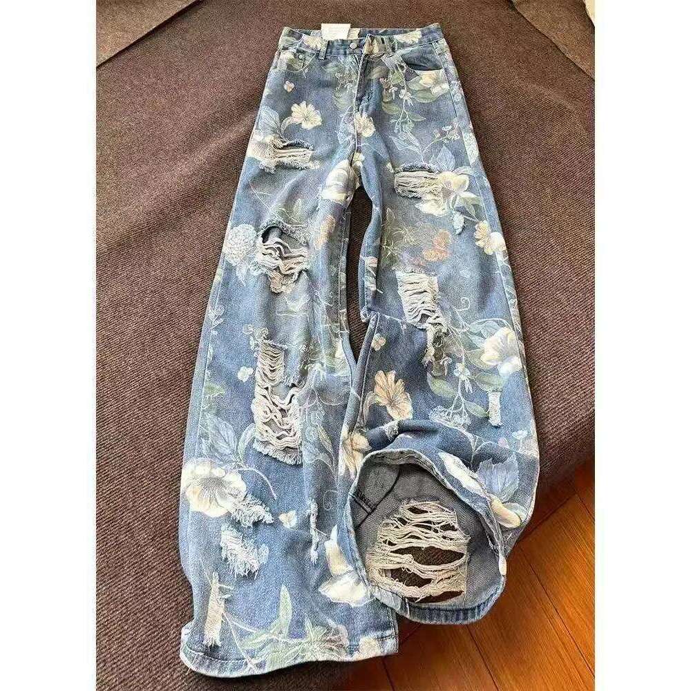 Jean déchiré imprimé Vintage pour femmes, pantalon droit Baggy taille haute large, tendance Hip Hop Y2K, de luxe, nouvelle collection été américa