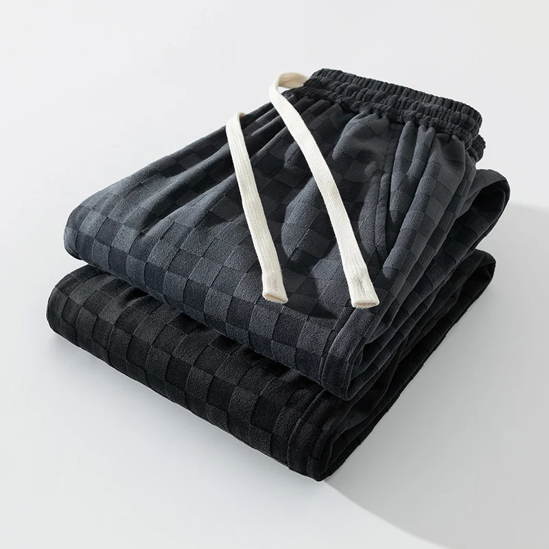 Mens Checkered Velvet Sweatpants Loose Drawstring Trousers Trendy Checkered Pattern Fall and Winter Casual Streetwear 251205