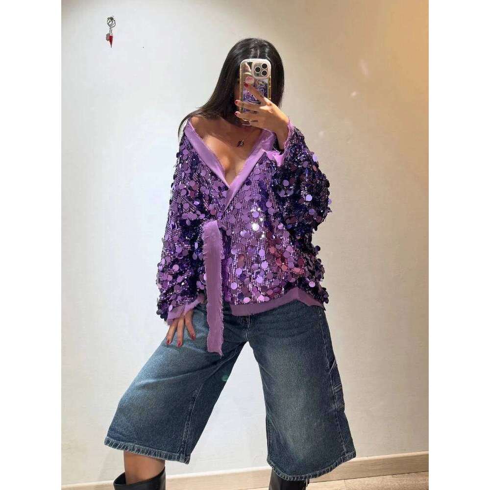 Vêtements de créateurs rétro grandes paillettes chemise à lacets femmes mode paillettes lâche solide col en V chemises ouvertes manteau femme chi