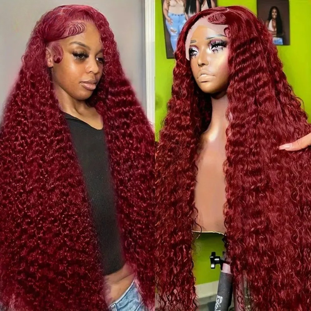 Perruques de cheveux humains bouclés de couleur rouge bordeaux 200 densité 13X4 sans colle HD perruques frontales en dentelle transparente 40 pou
