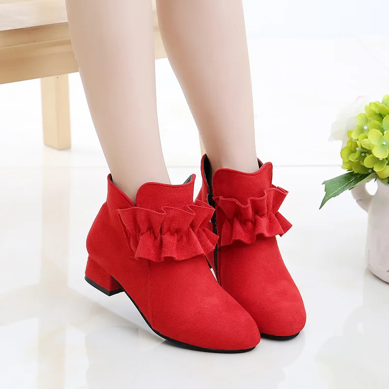 Mode enfants chaussures filles princesse bottes drapées solide automne hiver daim talons bas cheville courte enfants pour grande fille 2737 25011