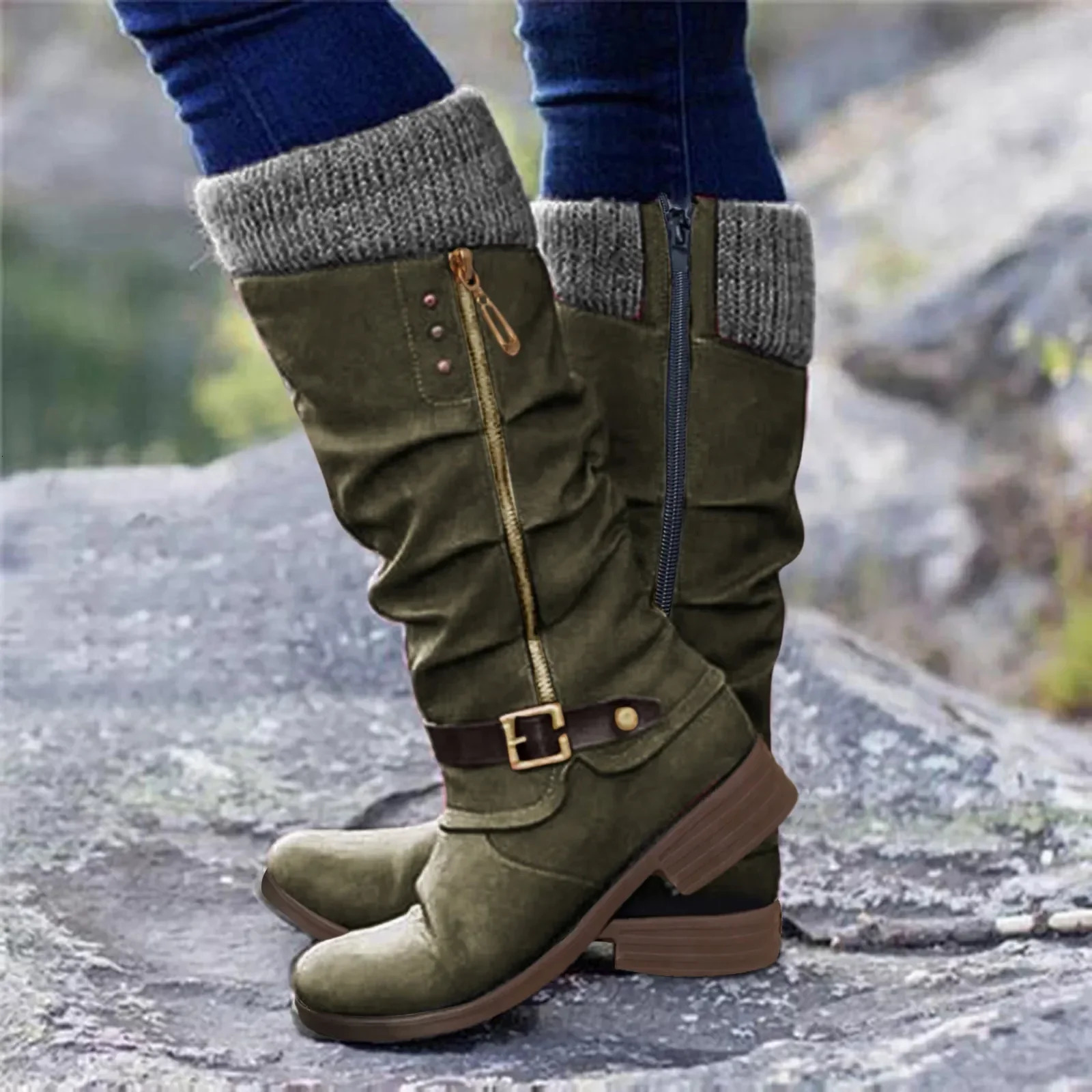 Vintage femmes bottes bout rond décontracté genou bottes hautes automne hiver mode chaud dames chaussures solide de haute qualité 251204