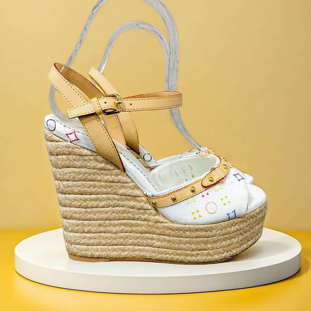 Luxe été raphias talons hauts sandale Takashi murakami sandale femmes designer ballet chaussure plate pantoufle diapositive en cuir robe en plein