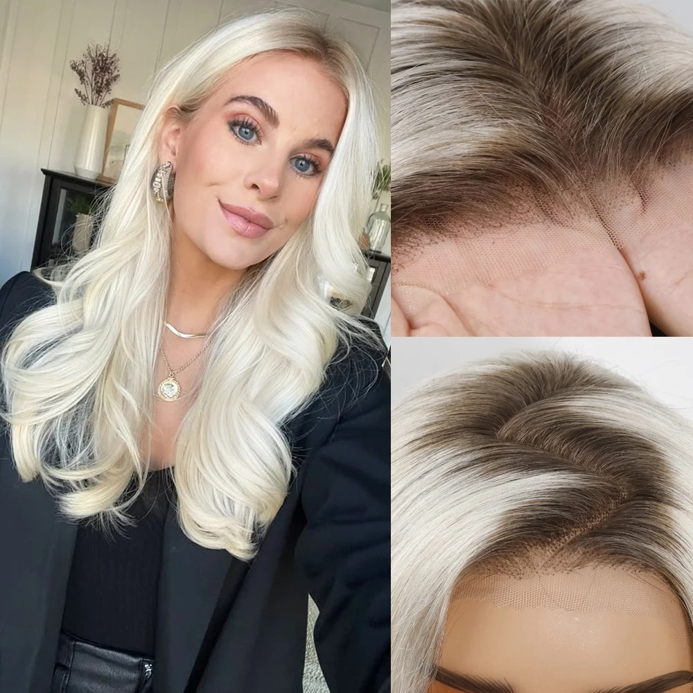 Ombre Platinum Blonde avec racine foncée vague de corps perruques de cheveux humains 180% densité 13x6 perruque avant en dentelle prête à porter
