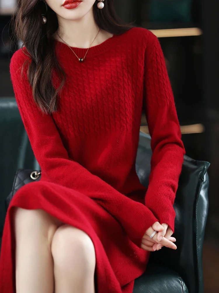 Robe en cachemire à col rond pour femme Pull long Pull Automne Hiver Tricoté Longueur au genou Robe en laine pure JJ396 251201