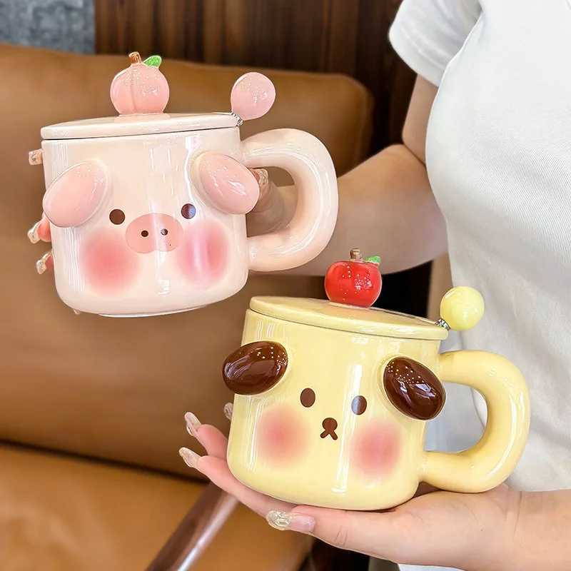 Kawaii Big Ears Ceramic Mug with Lid and Spoon Household Water Cup Cartoon Cute Girl Breakfast Milk Coffee Mugs Personalit M251206-image-1087462876