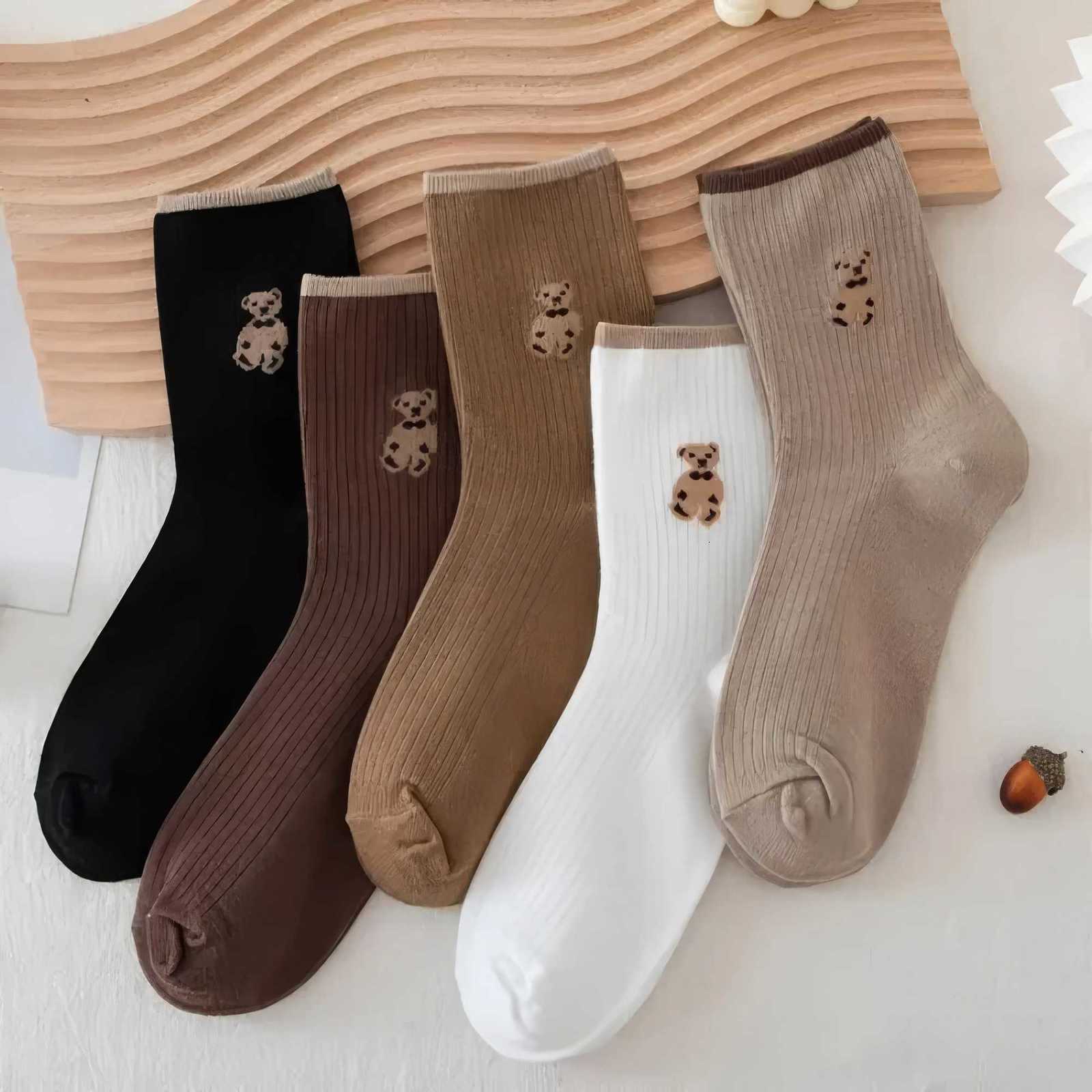 5 paires de chaussettes mignonnes ours en peluche de dessin animé, couleurs mélangées, respirantes, douces et confortables, chaussettes de sport