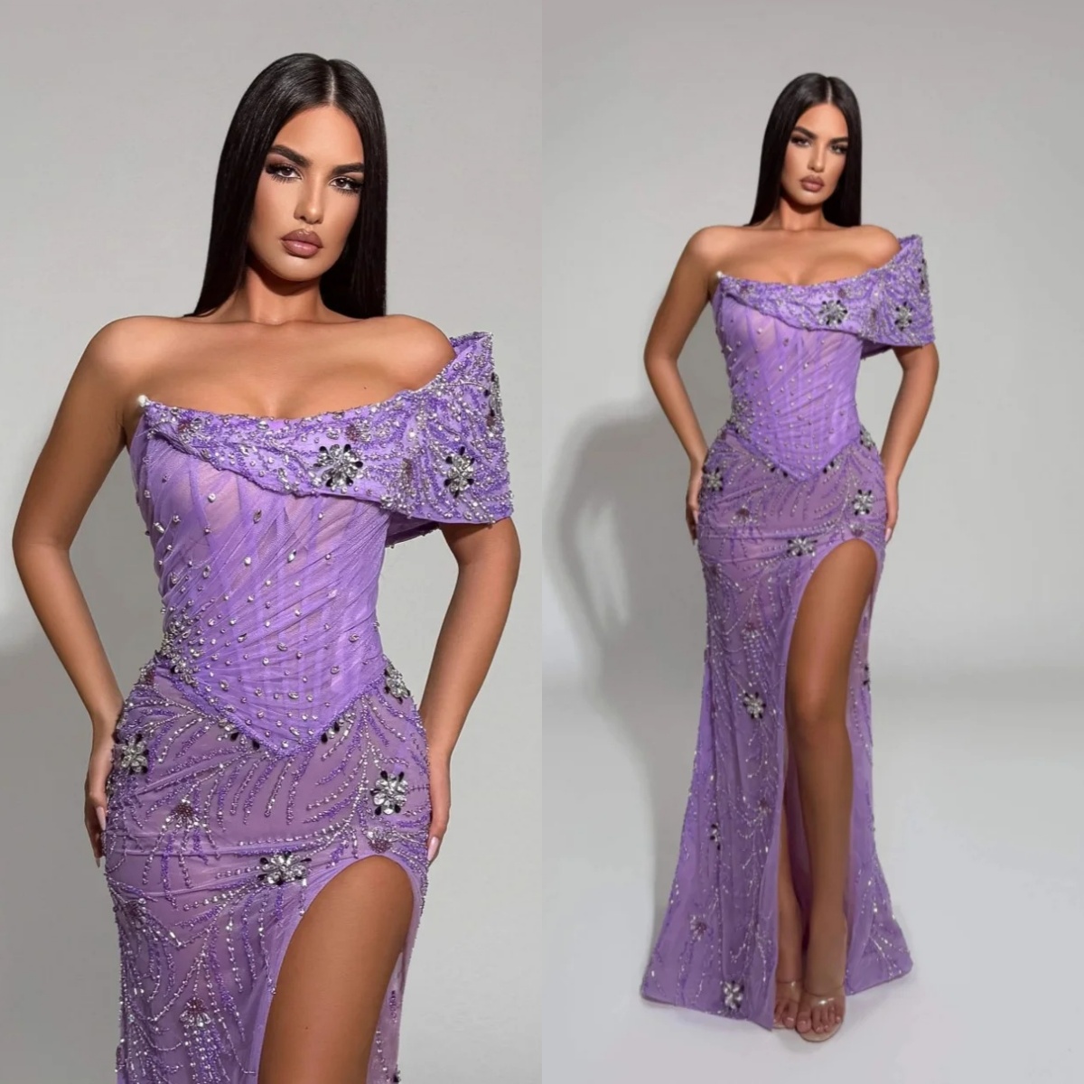 Gorgeous Evening Dresses One Shoulder Prom Gown Crystal Sequin Side Split Mermaid Illusion Princess Customized Vestidos De Noche Plus Size