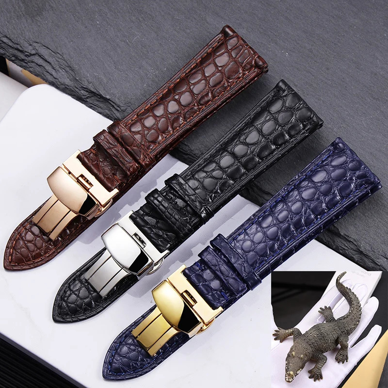 Hochwertiges zweiseitiges Krokodilleder-Uhrenarmband mit Schmetterlingsverschluss, 19 mm, 20 mm, 21 mm, 22 mm, Herren-Metallarmband, weiches Armband