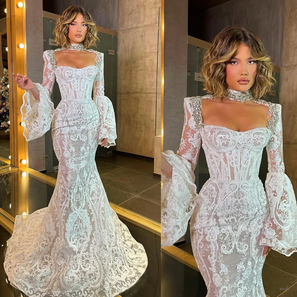 Fashion Mermaid Wedding Dress Jewel Neck Long Sleeves Bridal Gowns Crystal Lace Sweep Train Dresses Custom Made vestidos de