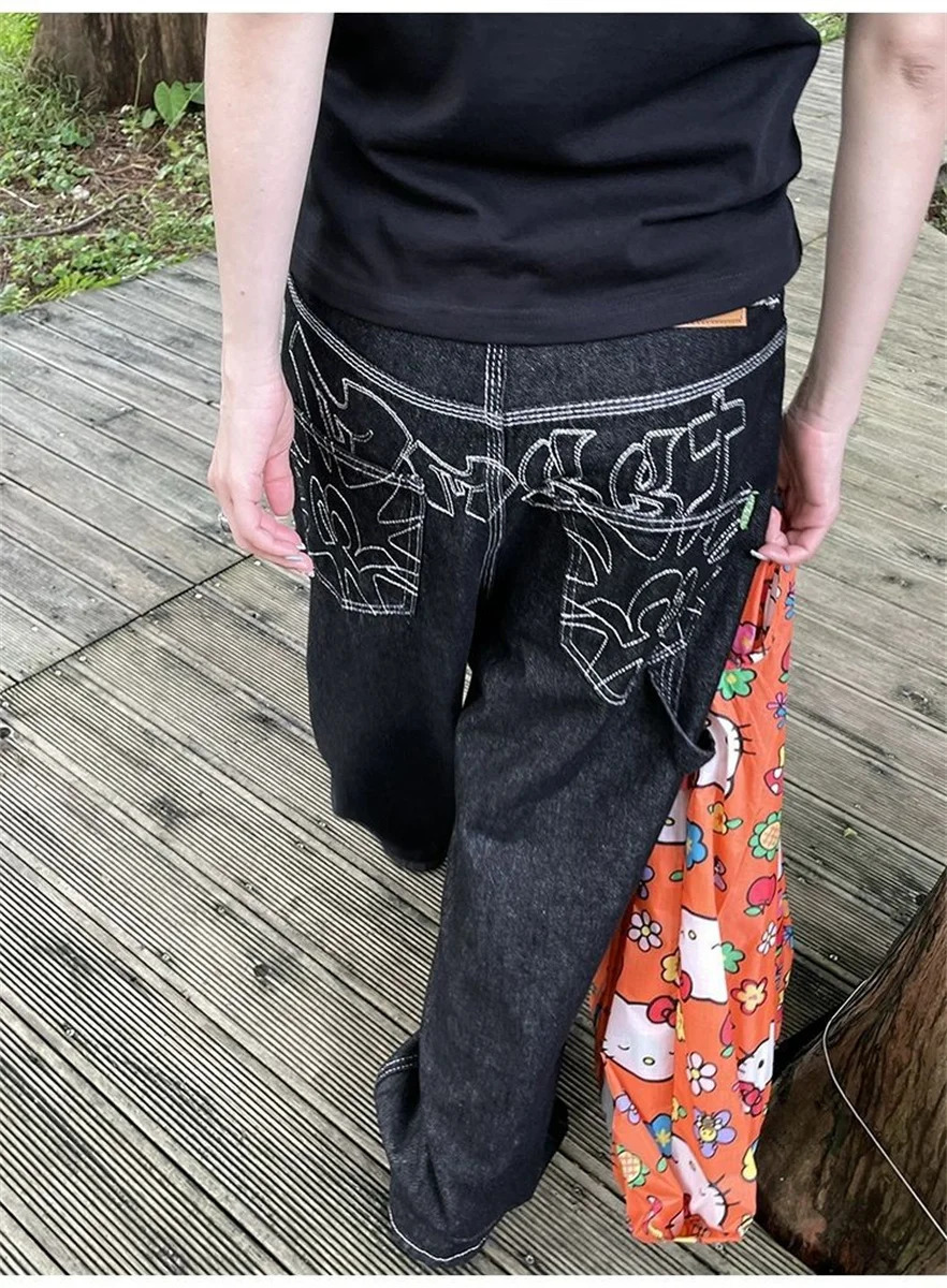 Y2k Embroidered Black Wide Leg Jeans Women American Retro Casual Loose Denim Pants Streetwear 2025 High Waist Baggy Trousers 251205